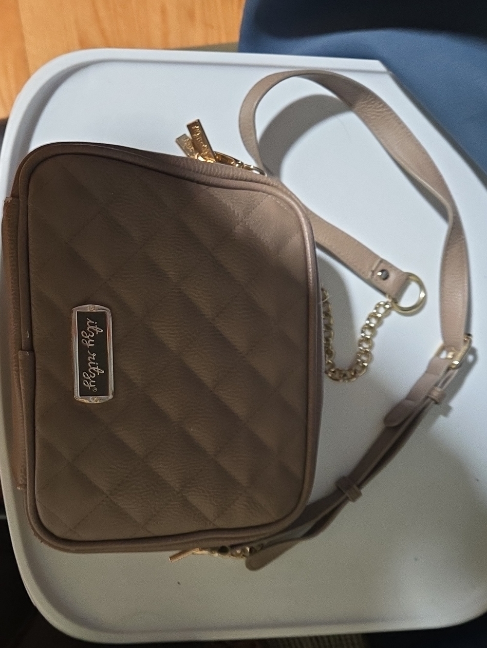 Itzy Ritzy Quilted Crossbody Diaper Bag in Taupe with Gold Hardware